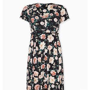 Torrid BLACK FLORAL STUDIO KNIT BUTTON MIDI DRESS